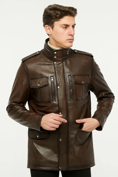 Hakiki deri uzun mont hakim dik yaka kahve renk - Resim 4