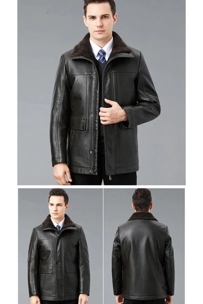 Hakiki deri İçi kürk yakası entegreli kürk mont kaban - Resim 3