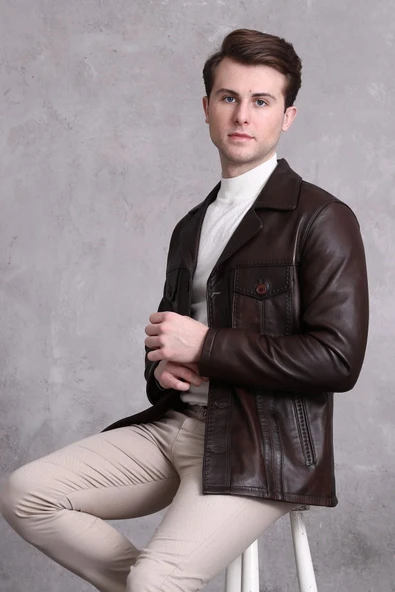 Hakiki Deri Ceket Karartmalı Koyu Kahve - 7