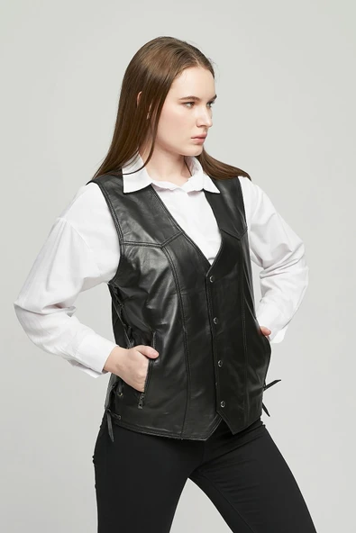 Hakiki Deri Yandan Ayarlanabilir Bağcıklı Yelek Siyah Renk Kadın