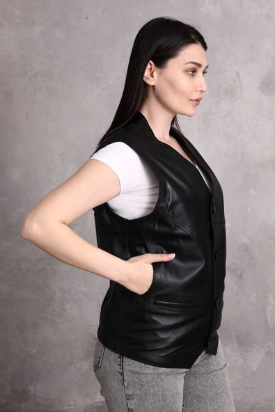 Hakiki Deri Yelek Yandan Cepli Kadın - 5