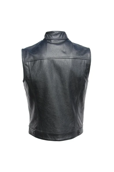 Hakiki deri motorcu tarzı yelek siyah renk cepleri fermuarlı - 3