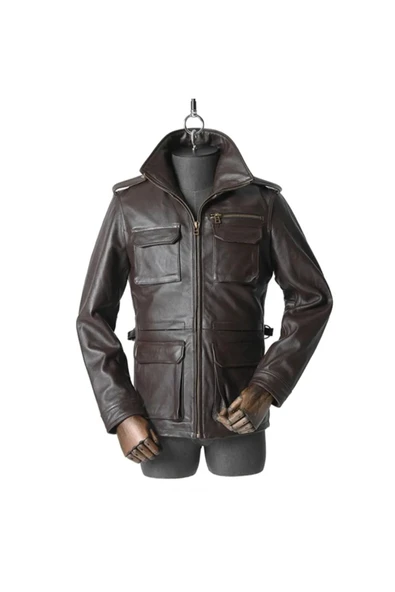 Yakası fermuarlı dik hakim yaka hakiki deri mont