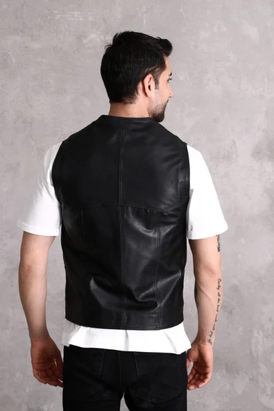 Hakiki Deri Yandan Cepli Siyah Erkek Yelek - 3