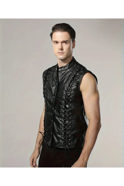Punk Tarzı Hakiki Deri Yelek ,Deri İp Bağlamalı Silüet ,Dış Kısmı Cepsiz ,İç Kısmı Cepli