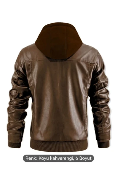 Kapüşonlu hakiki deri dikiş ve ribana detaylı mont - 3