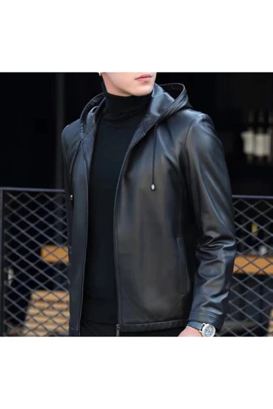 Kapüşonlu hakiki deri spor ceket - 3