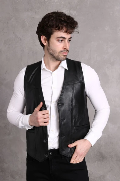 Büyük beden Hakiki Deri Yelek siyah - 5