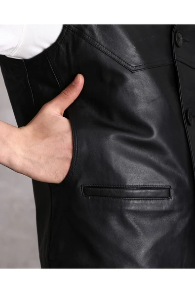 Hakiki Deri Yandan Cepli Siyah Erkek Yelek - 4
