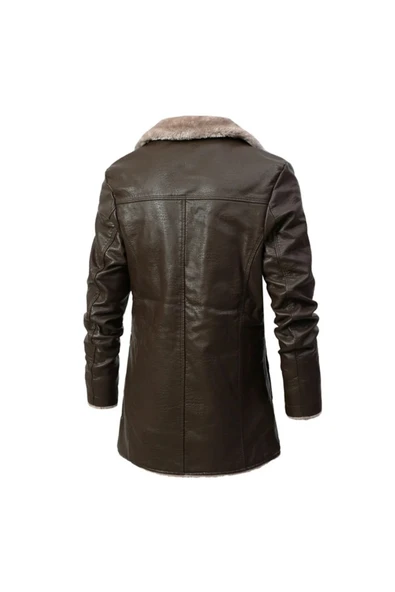 İçi ve Yaka Kenarları Tüylü Uzun Hakiki Deri Kaban - 2