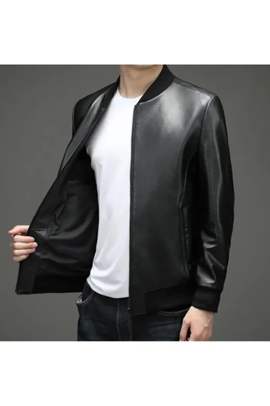 Spor hakiki deri ribanalı ceket