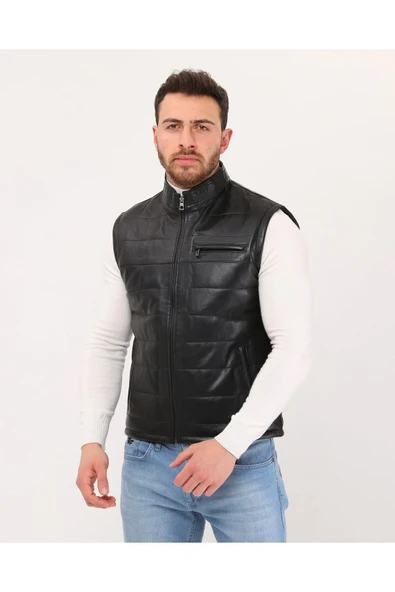 Hakiki Deri Şişme Yelek Hakim Yaka Siyah Renk - 4