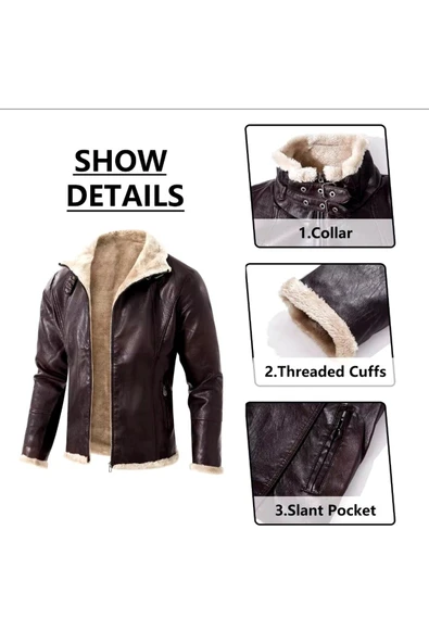 Tüylü Hakiki deri hırka tarzı ceket dar kesim erkek - 5