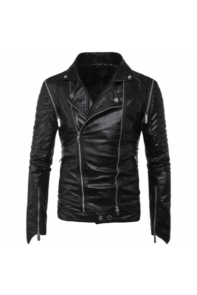 Hakiki kuzu derisi omuzları dikey süs fermuarlı biker mont - 3