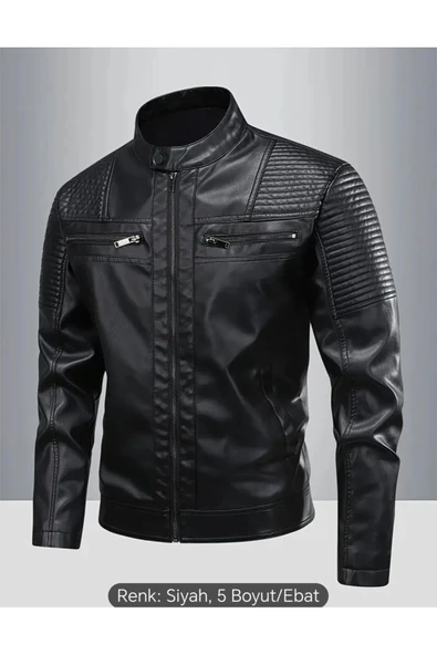 Omuzları ve Kolları Dikiş Detaylı Hakiki Kuzu Derisi Motorcu Mont - 7