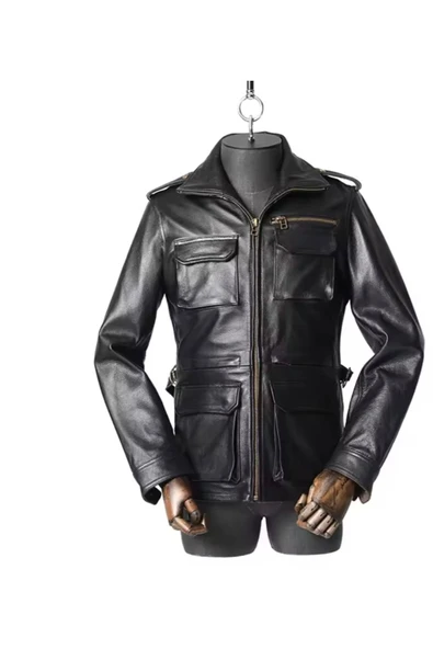 Yakası fermuarlı dik hakim yaka hakiki deri mont - 6