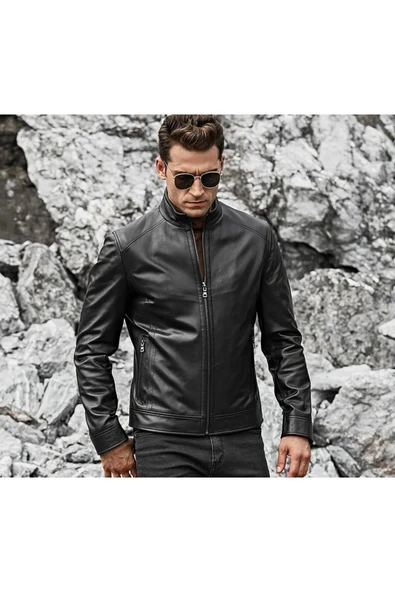 Dik yaka hakiki deri düz mont ürün görseli