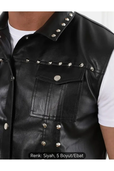 Motorcu Cooper Yelek Perçin Çivi Uç Detaylı Hakiki Deri Yelek - Resim 3