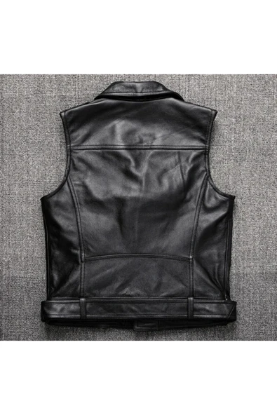 Kuzu derisi motorcu tarzı biker yelek siyah renk - Resim 3