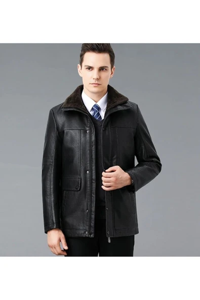 Hakiki deri İçi kürk yakası entegreli kürk mont kaban - Resim 7