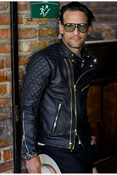 Golden fermuarlı kapitone dikiş detaylı biker mont - 2