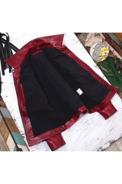 Vintage ceket tarzı şarap kırmızı renk hakiki deri mont - Resim 3