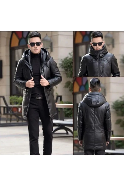 Hakiki deri Uzun mont Kapüşonlu Hakim yaka - Resim 5