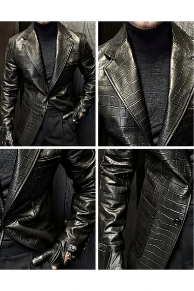 Timsah Deri Baskılı Hakiki kuzu derisi klasik ceket - 7