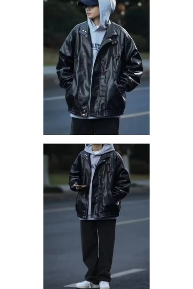 Ultra ovarsize hakiki deri unisex hip hop ceket tarzı mont - Resim 3