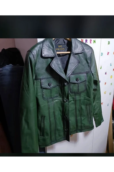 Yeşil Karartmalı Hakiki Deri Ceket Dar Kesim - 6
