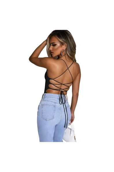 Siyah Kare Yaka Sırt Dekolteli Arkadan Bağlamalı Mayo - 4