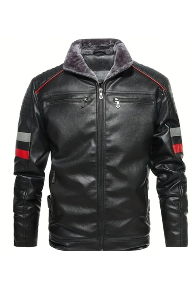 İçi Kürklü Kolları Yatay Kırmızı ve Gri Çizgili Mont - 7