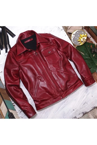 Vintage ceket tarzı şarap kırmızı renk hakiki deri mont ürün görseli