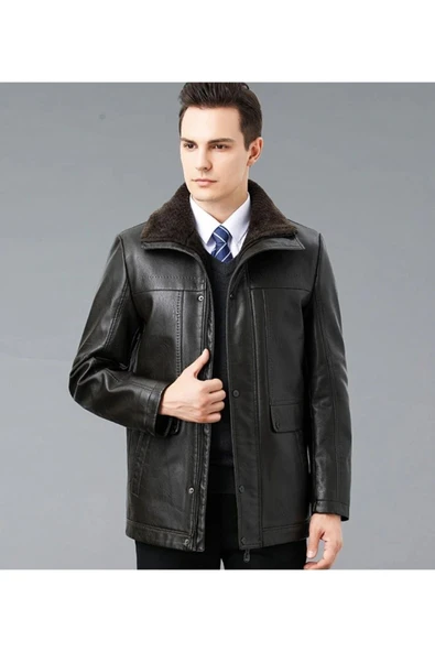 Hakiki deri İçi kürk yakası entegreli kürk mont kaban ürün görseli