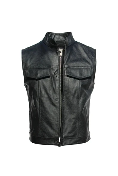 Hakiki deri motorcu tarzı yelek siyah renk cepleri fermuarlı - 2