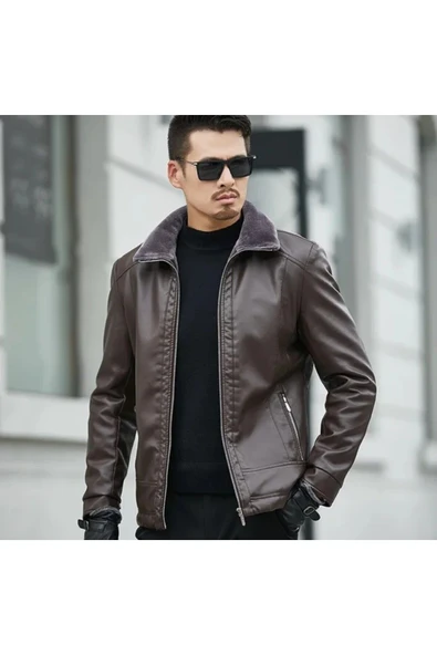 Hakiki Koyun Derisi Içi Yakası Kürk Erkek Mont kahverengi - Resim 4