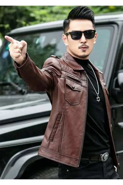 Hakiki deri ceket tarzı mont apoletli - Resim 6