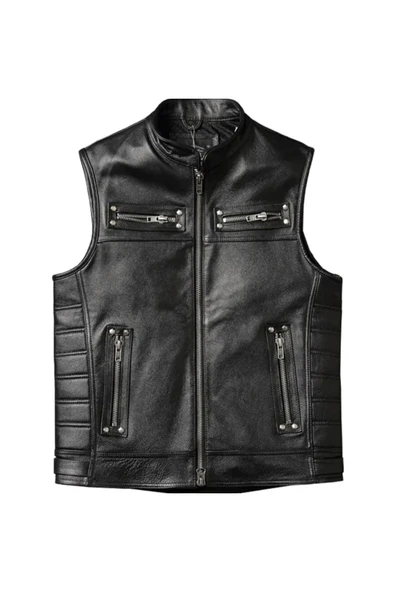 Motorcu yelek siyah kuzu derisi