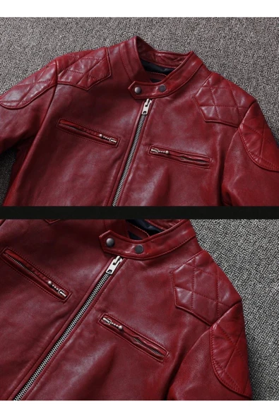 Vintage motosiklet şarap kırmızı renk hakiki deri mont - 7