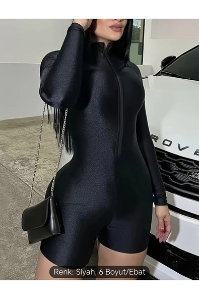 Fermuarlı Şort Tulum Siyah uzun kollu - 4
