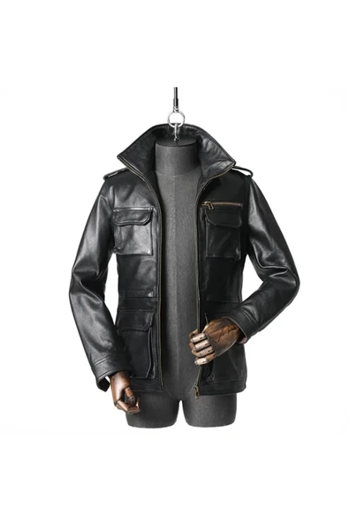 Yakası fermuarlı dik hakim yaka hakiki deri mont