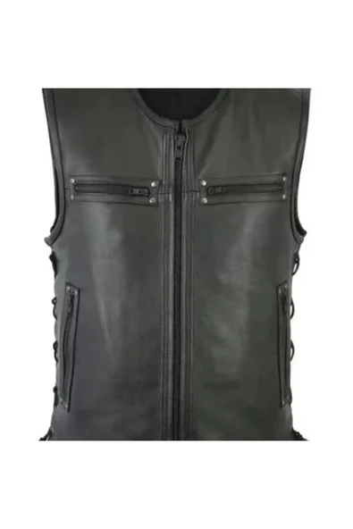 Cooper hakiki deri yelek yandan bağcıklı fermuar kapamalı - 2