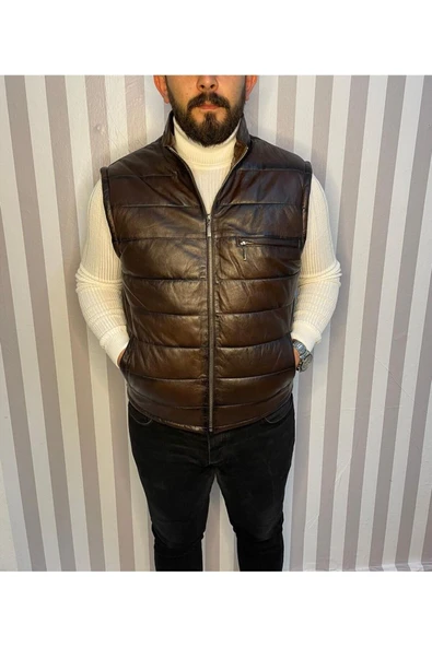 Şişme Hakiki Deri Yelek Karartmalı Kahve Gündelik,Mevsimlik Slim Fit Kesim - 4