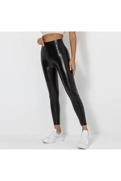 Yüksek Bel Deri Görünümlü Büzgülü Spor Tayt, Siyah, Popo Kaldırıcı, Fitness ve Yoga için - 5