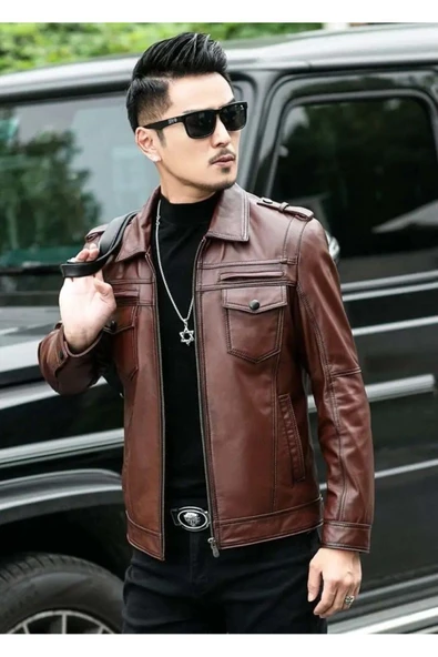 Hakiki deri ceket tarzı mont apoletli ürün görseli