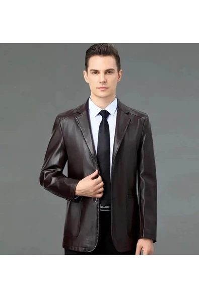 Hakiki deri ince kesit blazer klasik ceket