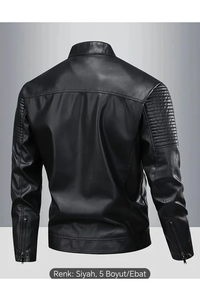 Omuzları ve Kolları Dikiş Detaylı Hakiki Kuzu Derisi Motorcu Mont - 2