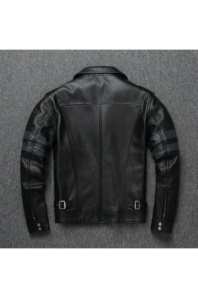 Hakiki kuzu derisi mont kolları yatay gri çizgili siyah mont - Resim 2