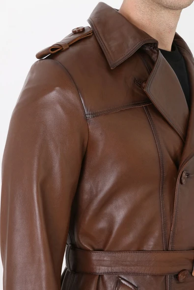 Hakiki deri erkek pardesü kahve renk - Resim 7