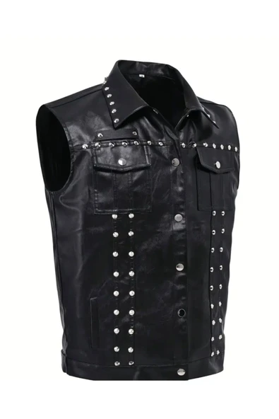 Motorcu Cooper Yelek Perçin Çivi Uç Detaylı Hakiki Deri Yelek ürün görseli